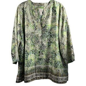 Chicos Womens Top Size Large Green Paisley 3/4 Sleeves V Neck Pullover Polyester
